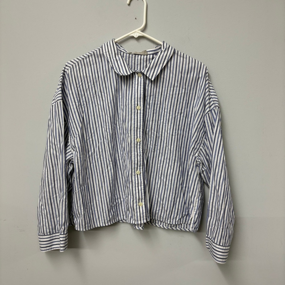Everlane Womens Blue White Striped Boxy Cotton Button Down Shirt Large Cropped